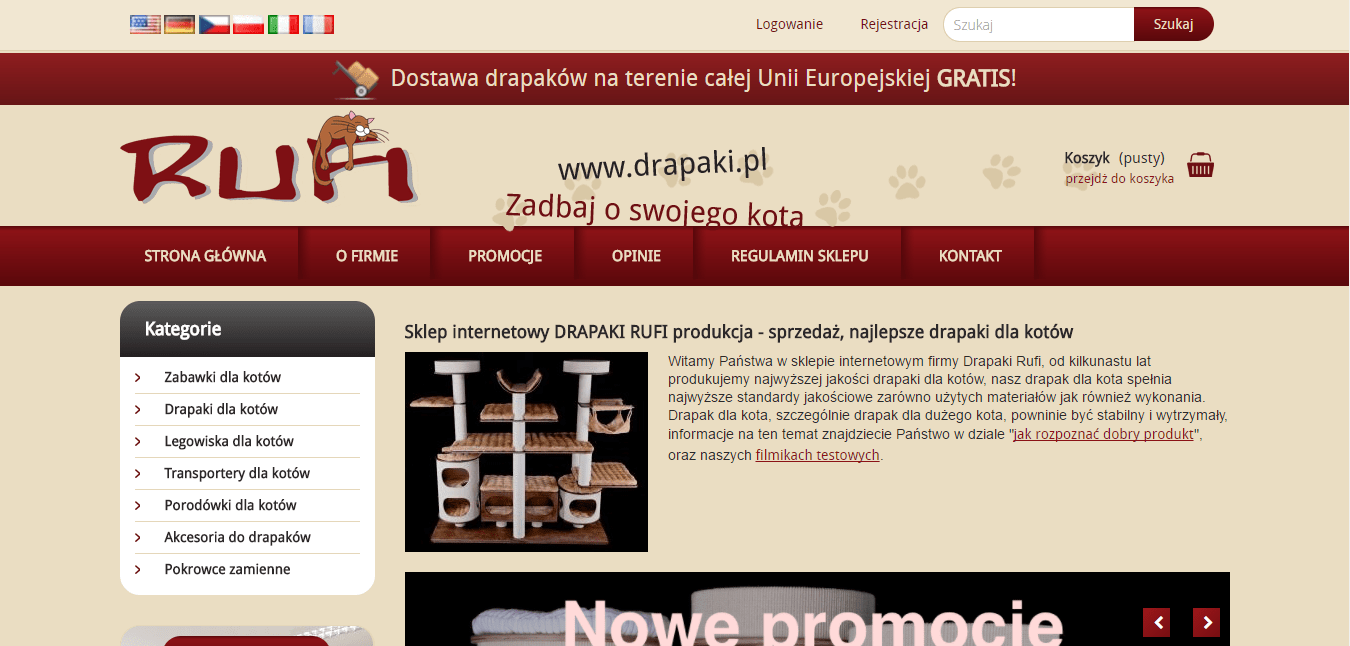 Zrzut ekranu z widokiem sklepu internetowego Drapaki Rufi