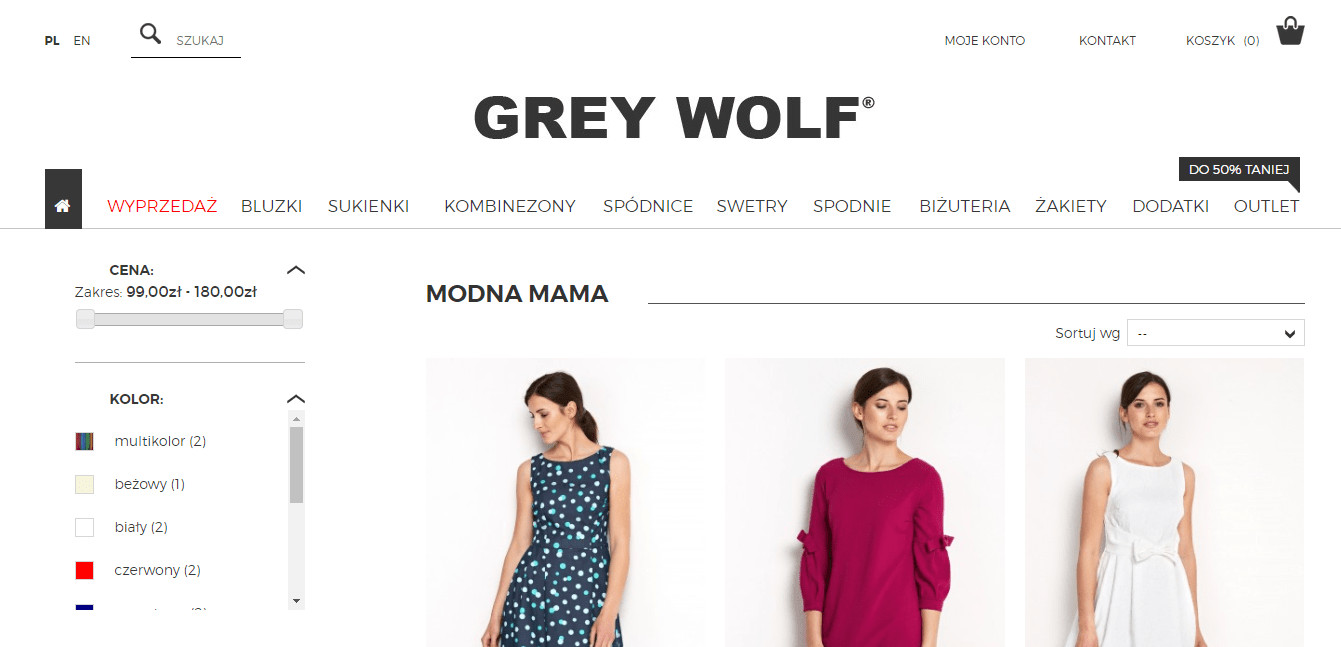 Zrzut ekranu z widokiem sklepu internetowego Gray Wolf