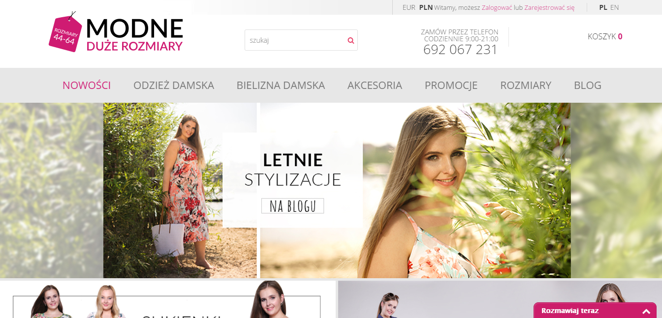 Zrzut ekranu z widokiem sklepu internetowego Modne Duże Rozmiary